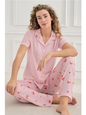 Cotonhause Kadın Kısa Kol Önden Düğmeli Ayıcık Desen Bej Pijama Takımı 70110-918