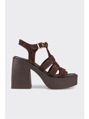 Elle Kahve Deri Kadın Topuklu Sandalet