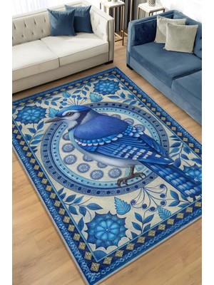 Homshtag Nuh'un Gemisi Koleksiyonu Mavi Alakarga Kuşu Temalı Çiçekli Mavi Renk Bordürlü Konsept Halı