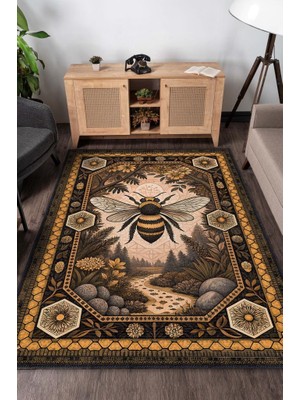 Homshtag Nuh'un Gemisi Koleksiyonu Arı Temalı Çiçekli Siyah Sarı Renkli Bordürlü Şık Konsept Halı