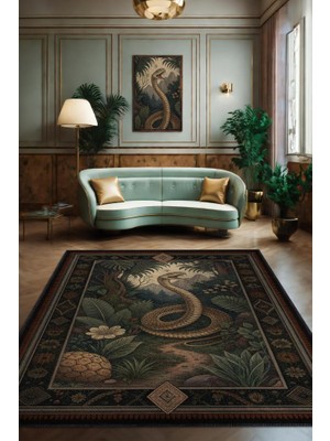 Homshtag Nuh'un Gemisi Koleksiyonu Gotik Yılan Temalı Siyah Renkli Bordürlü Şık Konsept Halı