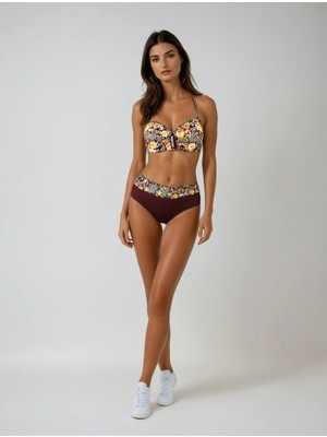 Kadın Kahve Çiçek Desenli Büyük Beden Astarlı Lacivert Bikini Takım HZL25S-LC3301