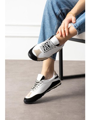 Shoetek Rounya Kadın Sneakers Bağcıklı Spor Ayakkabı Beyaz Deri