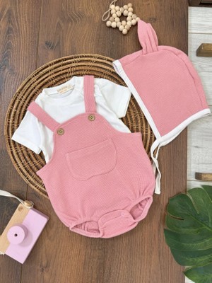 Kids Kingdom Çıçıtlı Zıbın ve Body Şapkalı Pamuklu Cepli 3lü Günlük Kız Çocuk Salopet Tulum