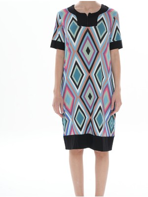 Asn Concept Yakası Fermuarlı Çok Renkli Desenli Kadın Elbise ( Büyük Beden Seçeneğiyle)
