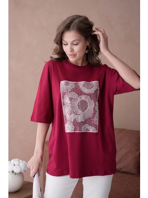 Bisiklet Yaka Ön Yüzü Tül Detaylı Oversize Kalıp Basic T-Shirt