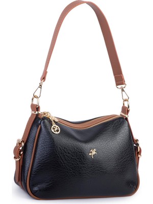 Nas Bag Kadın Omuz ve Çapraz Çanta Çok Gözlü Şık Tasarım (28X18 Cm) Siyah Taba Victoria