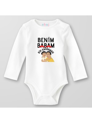 Ahoj  Organik Pamuk Benim Babam Bir Kahraman Bebek Body Çıtçıtlı Zıbın Badi Uzun Kol