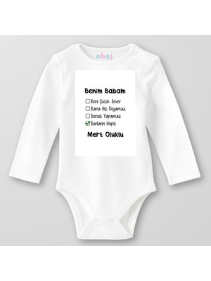 %100 Organik Pamuk Benim Babam Beni Çok Sever Bebek Body Çıtçıtlı Zıbın Badi Uzun Kol