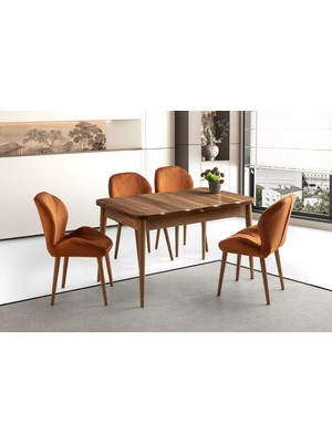 Ahşap Salon Yemek Masa Takımı 4 Porto Turuncu Sandalyeli Ortadan Açılır Büyüyen Parlak Ceviz 70 x 120 cm