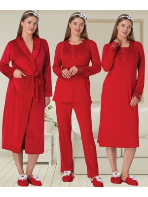 Mecit 6500 Kırmızı Kadife Sabahlıklı Gecelik Pijama Lohusa Set