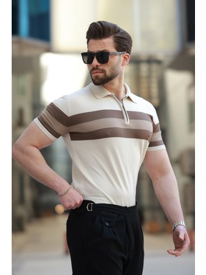 Taba Fermuarlı Polo Yaka Çizgili Erkek Tişört E7406