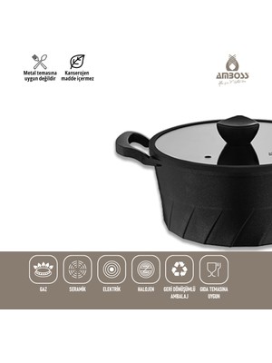 Amboss Kuvars 7 Parça Döküm Tencere Seti Siyah Ergonomik Sap ve Kolay Temizlik Özelliği