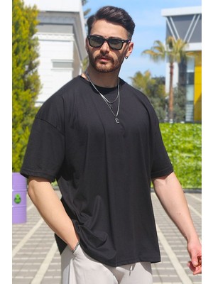 EYDAMOON Erkek Oversize Siyah T-Shirt %100 Pamuk Kumaş Kısa Kol Günlük Stil