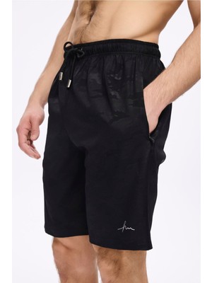 Haşema Kamuflaj Desenli Siyah Erkek Kısa Havuz ve Deniz Şortu 5033