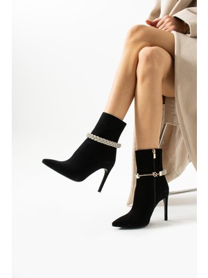 Kadın Hakiki Deri Aksesuar Detaylı Bot Siyah Süet