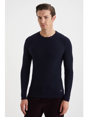 Saç Örgü Desen Lambswool Lacivert Kazak