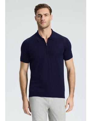 Ipek Pamuk Karışım Fermuar Detaylı Lacivert Triko Polo