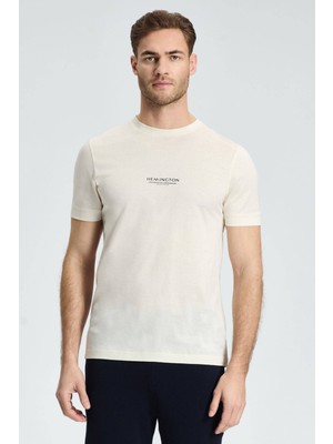 Hemington Baskılı Merserize Pamuk Krem Rengi Bisiklet Yaka T-Shirt