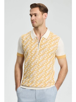 Ipek Pamuk Karışım Geometrik Desen Sarı Triko Polo