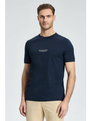 Hemington Baskılı Merserize Pamuk Lacivert Bisiklet Yaka T-Shirt