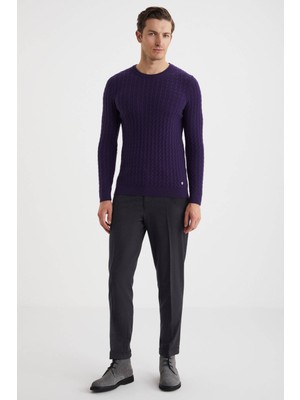 Saç Örgü Desen Lambswool Mor Kazak