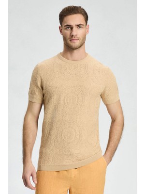 Hemington Örgü Desen Krem Rengi Bisiklet Yaka Triko T-Shirt