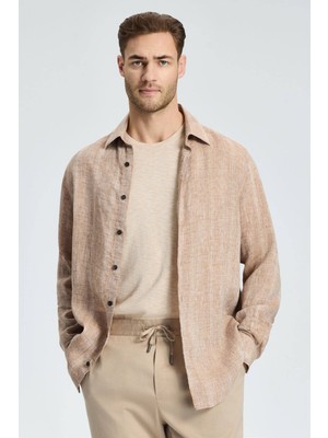 Etnik Desen Saf Keten Camel Gömlek