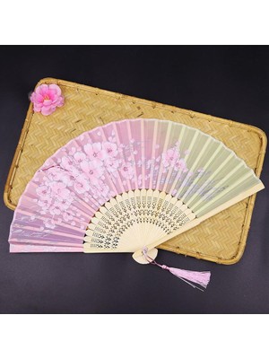 Beluga Yelpaze Bambu Serinletici Vintage Şık Pembe/yeşil Çiçekli Kalpli Dekorasyon Püsküllü Japon Yelpaze 0211
