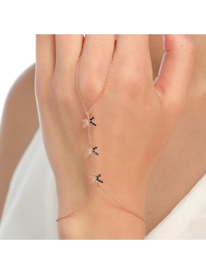 Nusret Takı 925 Ayar Gümüş 3 Parça Minik Kelebek Modeli Şahmeran, Pembe - Siyah Taş