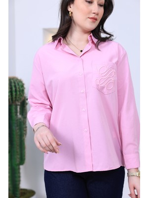 Cep Kısmı Nakışlı Pembe Gömlek