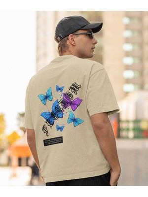 Terzili Giyin Freedom Vibes Kelebek Baskılı Oversize Erkek Tişört