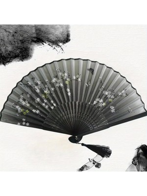 Beluga Yelpaze Bambu Kumaş Serinletici Vintage Siyah Bahar Dalı Kelebekli Şık Dekorasyon Püsküllü Japon Yelpaze 0143
