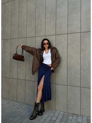 Kadın Lacivert Derin Yırtmaçlı Beli Büzgülü Penye Etek 29114