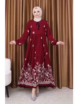 Viskon Desenli Elbise 4080-03 Bordo