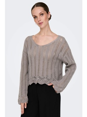 Only Kadın Onlelba Ajurlu Uzun Kollu Düşük Omuz Detaylı Mevsimlik Kazak 15339529 Vizon