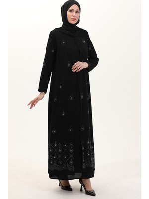 Sefa Merve Büyük Beden Taş Baskılı A Pile Elbise 6205-02 Siyah