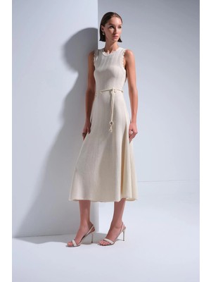 Join Us Kadın Kuşaklı Kolsuz Midi Kloş Elbise S046 Ekru