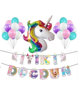 Bkmc Karakter Unicorn Uzar Yazılı Doğum Günü Süsü Unicorn Balon Doğum Günü Parti Seti
