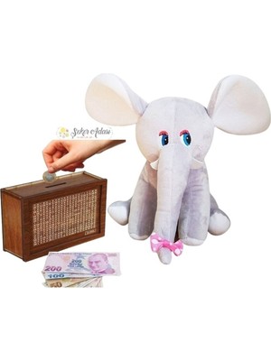 Sevimli Fil 20 cm Peluş Oyuncak ve Ahşap Hedefli Kumbara Para Biriktirme Kutusu