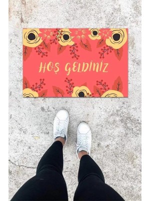 Dijital Baskı Gül Kurusu Çiçek Desen Kapı Önü Paspası K-1001