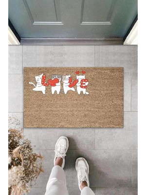 Dijital Baskı Kahverengi Love Harflerini Tutan Beyaz Kediler Dekoratif Kapı Paspası K-2066