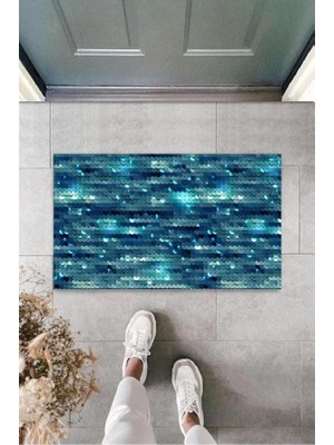 Dekoratif Dijital Pullu Mavi Kapı Paspası Dış Mekan Paspas K-3165