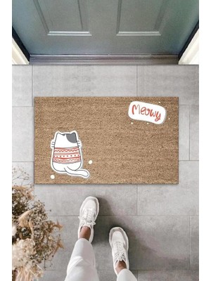 Dijital Baskı Kahverengi Meowy Yazılı Arkasını Dönmüş Kazaklı Kedi Kapı Paspası K-2060