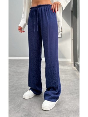 Lacivert Leopar Desenli  Saten Pantolon