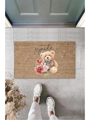 Dijital Please Smile Ayıcık Bej Kapı Paspası Dış Mekan Paspas K-3175