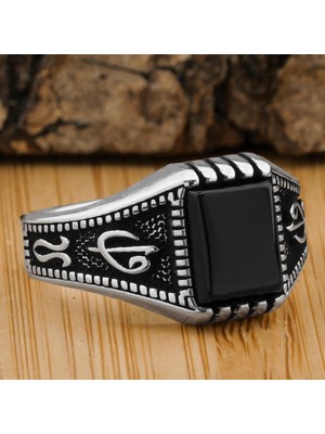 Siyah Oniks Taşlı Elif Vav Motifli 925 Ayar Gümüş Yüzük