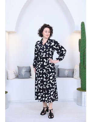 Gülten Akgün Orijinal Marka Model  Siyah Desenli Gömlek Elbise