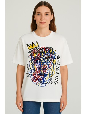 Kadın Oversize Baskılı Bol Geniş Kalıp Salaş Kesim T-Shirt