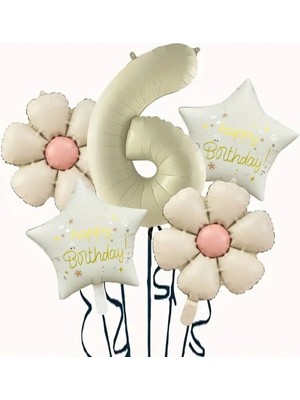 Krem Papatya 6 Yaş Happy Birthday Yıldız Rakam Folyo Balon Set